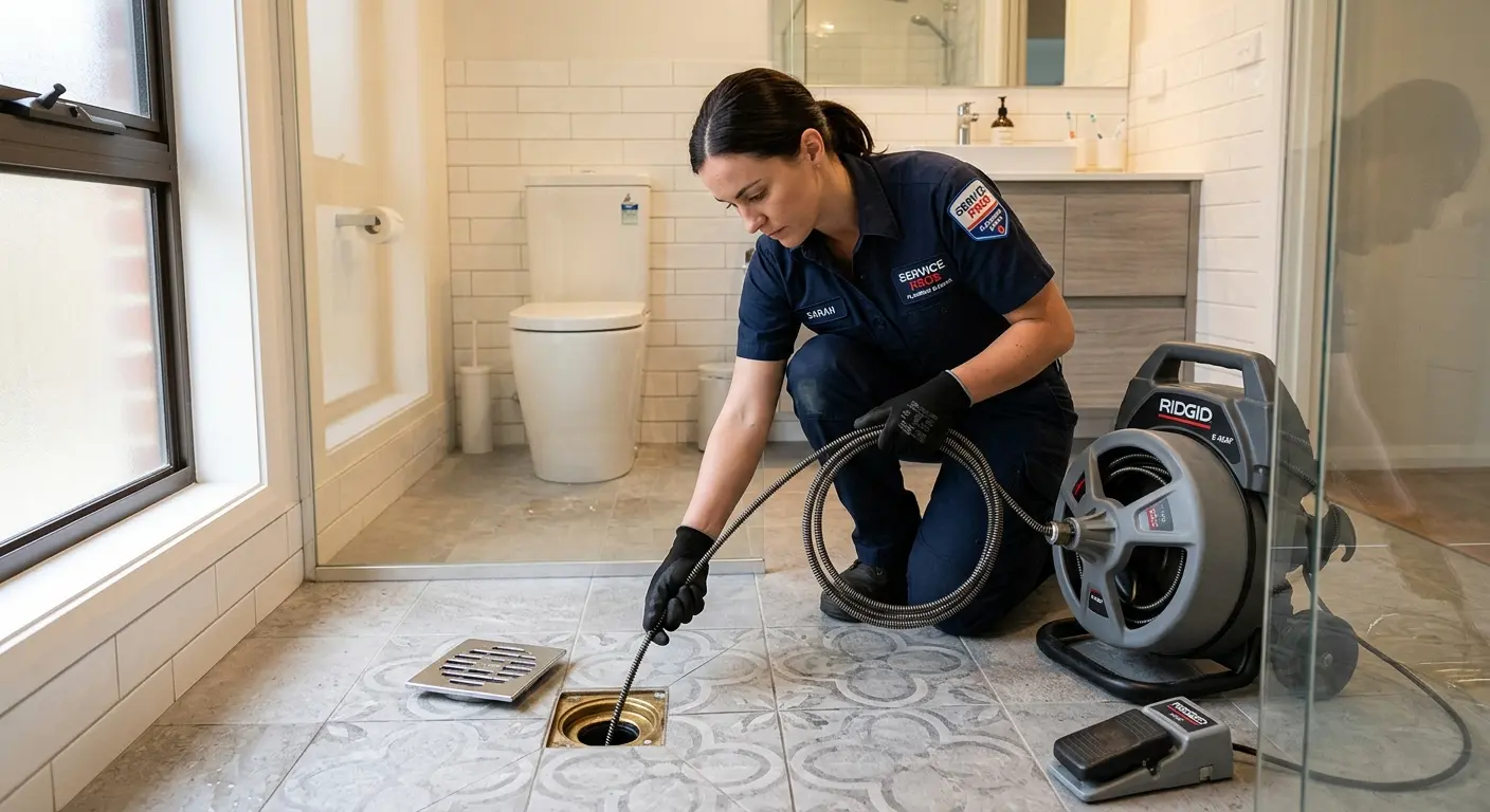Technician clearing a bathroom floor drain for Drain Repair in Plymouth